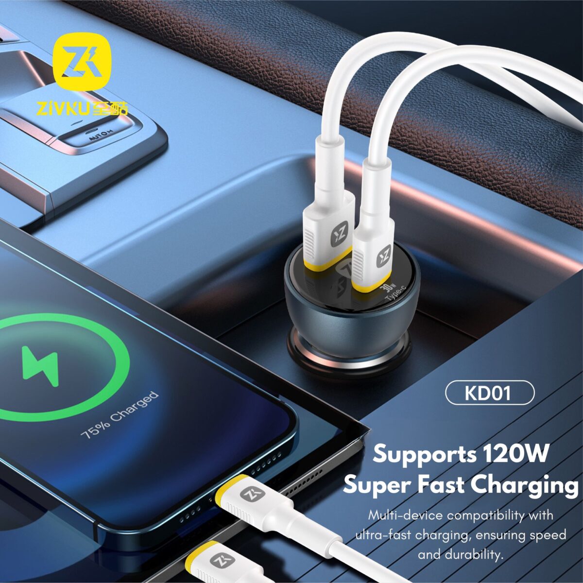 Zivku KD01 Dual Port Car Charger (USB-A and USB-C) with Output of up to 120W - Image 3